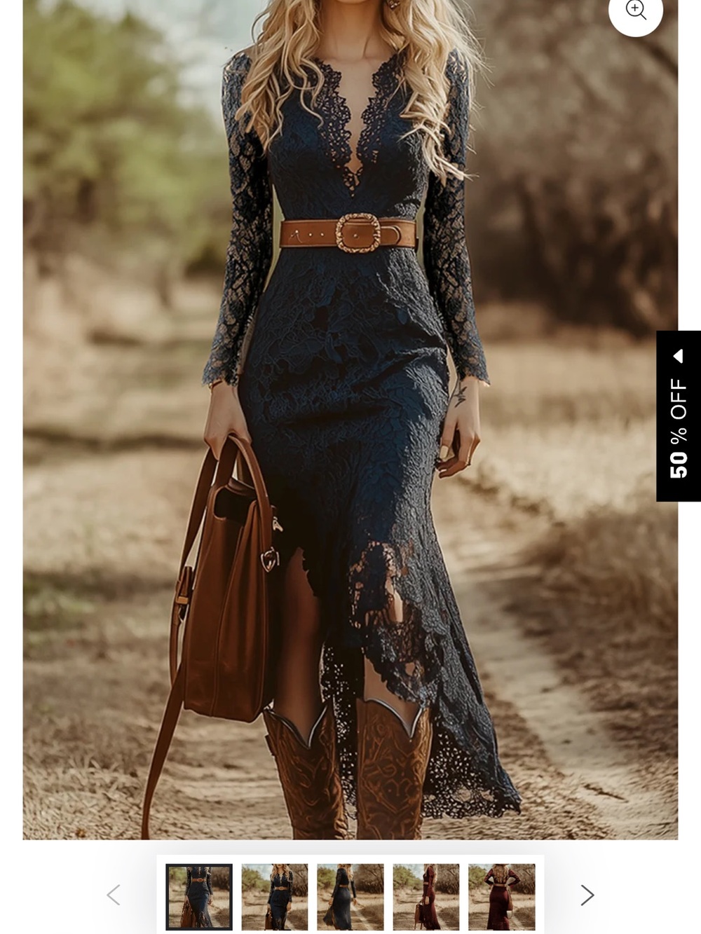 Lace Midi Dress with Deep V-Neck in Navy